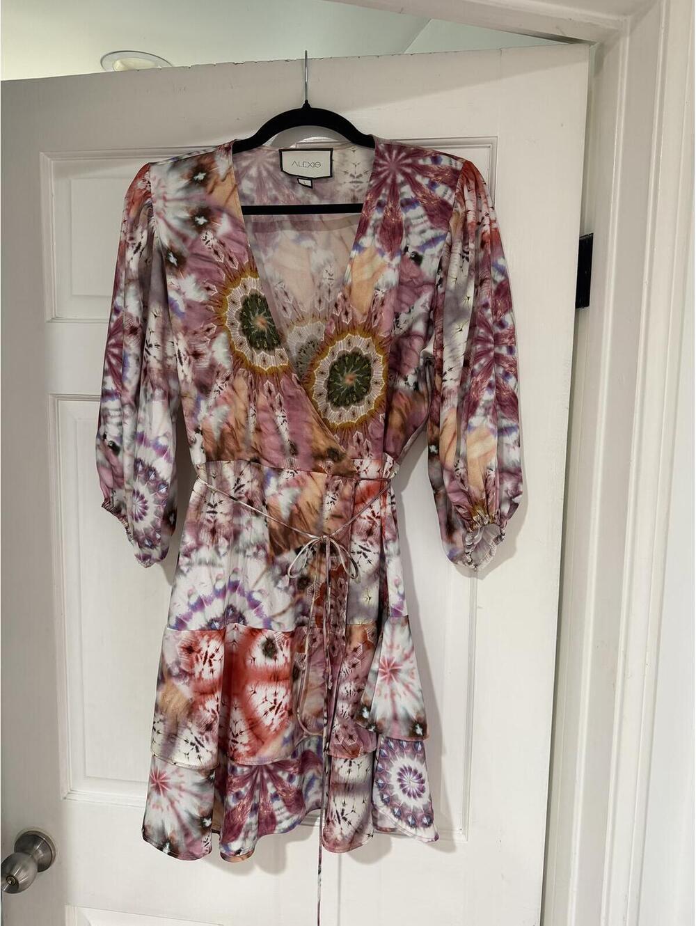 Alexia Tie-Dye Wrap Mini Dress Puff Sleeve Ruffle Hem Size L